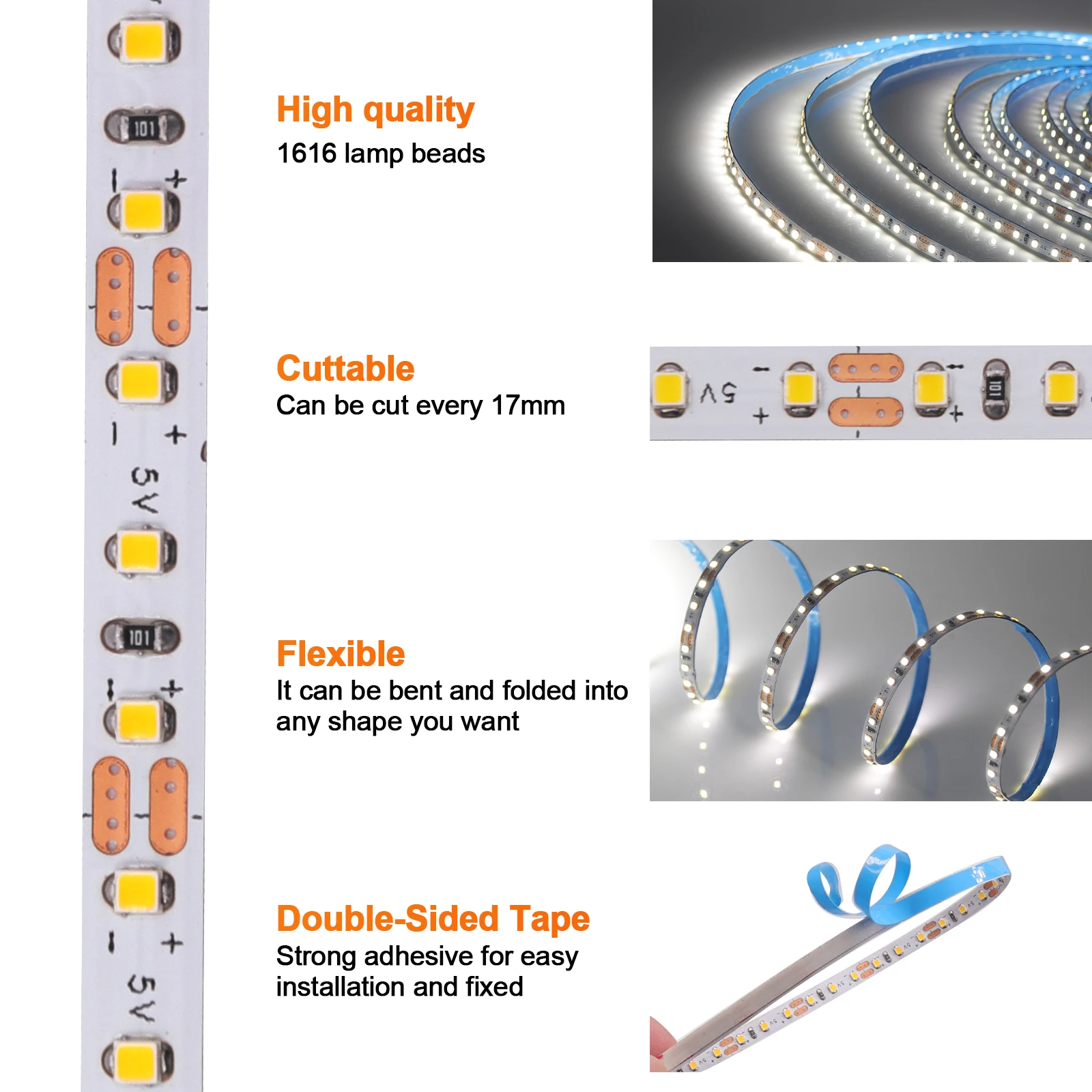 Flexível LED Strip Lights para Decoração de Casa, Fita Fita, Luzes Corda, USB, SMD 1616, 180LEDs, M, Branco, Branco Quente, Largura 4mm, 1m, 2m, 3m, 5m