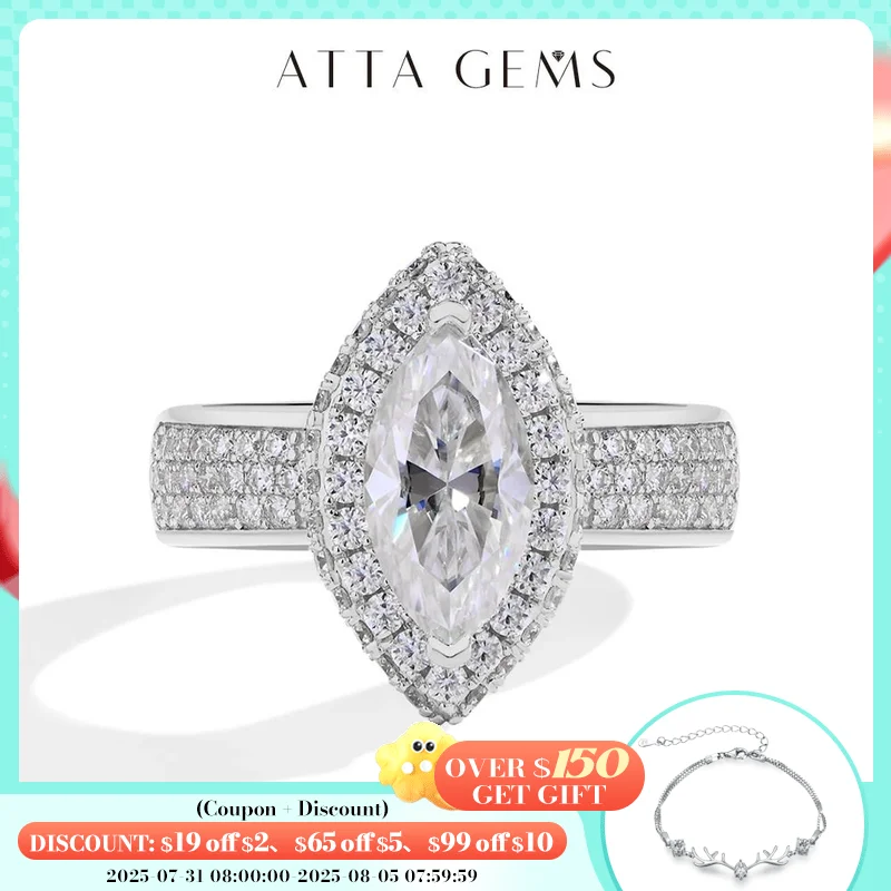 

ATTAGEMS Marquise 2CT Moissanite Rings for Women 12*6mm D Color Diamond Real 925 Sterling Silver Luxury Anniversary Jewelry Gift