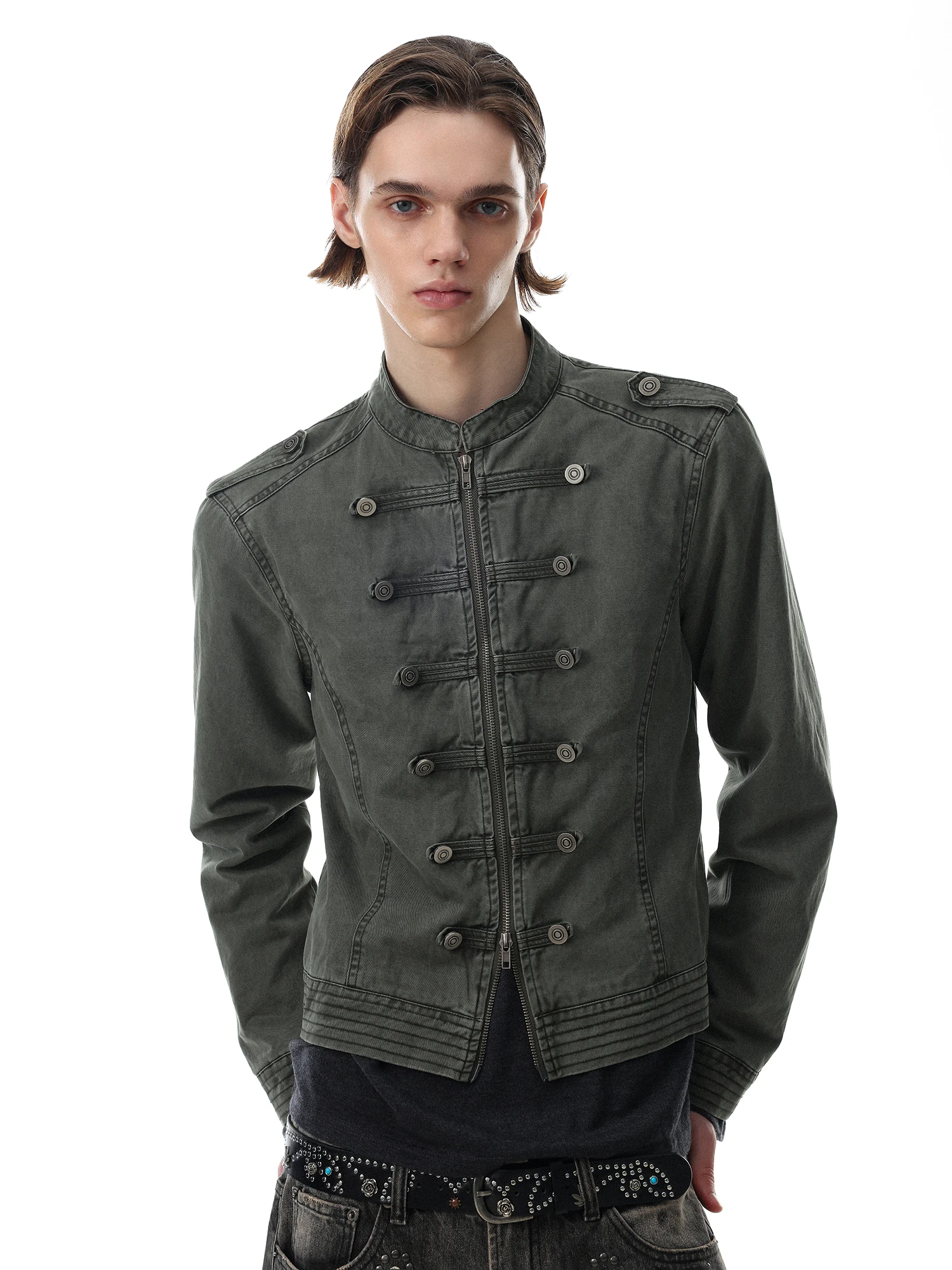 American Retro Double Button Napoleon Style Stand Collar Jacket Coat Unisex New Deconstruction Design Sense Cotton Long Sleeve