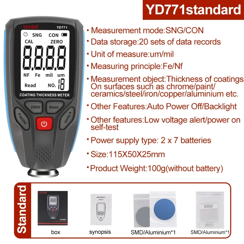 YD771 0~1300um Fe & NFe Coating Tester With Backlight Display Digital Coating Thickness Gauge Car Paint Film Thickness Meter