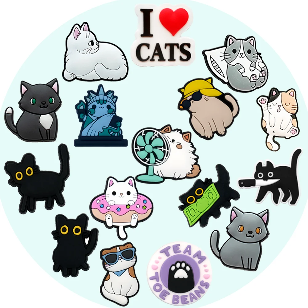 1/16PCS Cat Shoe Charms for Women,Cute Black Cat Suitable for Sandal Decorations,Shoe Clog Buckle Animal Accessories