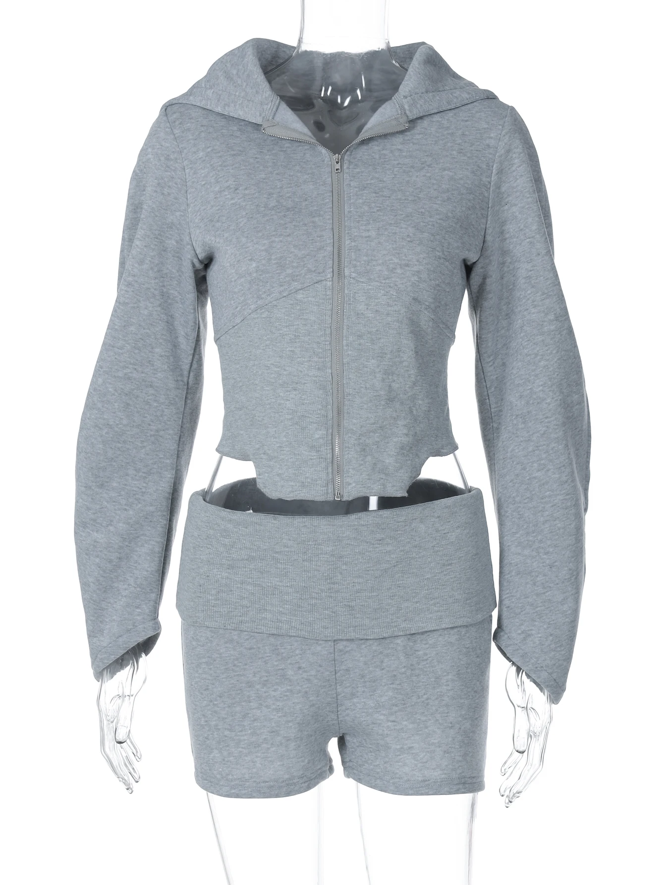 ชุดเซ็ตเสื้อฮู้ดแขนยาวทรงเข้ารูปมีซิปและกางเกงขาสั้นเข้าชุด สไตล์ลำลองสีพื้น สำหรับฤดูใบไม้ร่วง แบรนด์ดูลซูรา เหมาะสำหรับงานปาร์ตี้และสตรีทแวร์