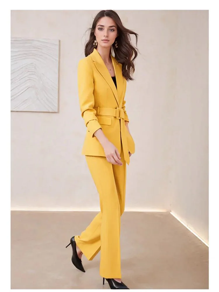 Elegant Fashion Lace Up Blazer Sets for Women 2 Pieces 2024 Autumn New Chic Casual Long Sleeves Flare Pant Female Clothing Suit