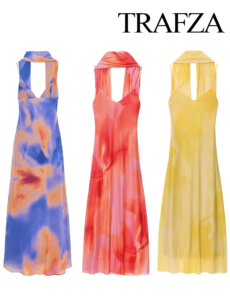 TRAFZA Women Summer Holiday V-neck Print Long Scarf Sleeveless Slim Dress Female Elegant Sexy Backless Party 3-Color Sling Dress - Image 6