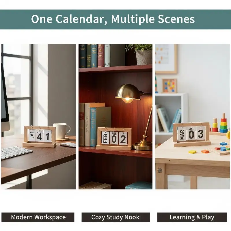 Minimalist Wooden Perpetual Flip Calendar Natural Wood Desktop Ornament for Home Dorm Study Office Desk Decor