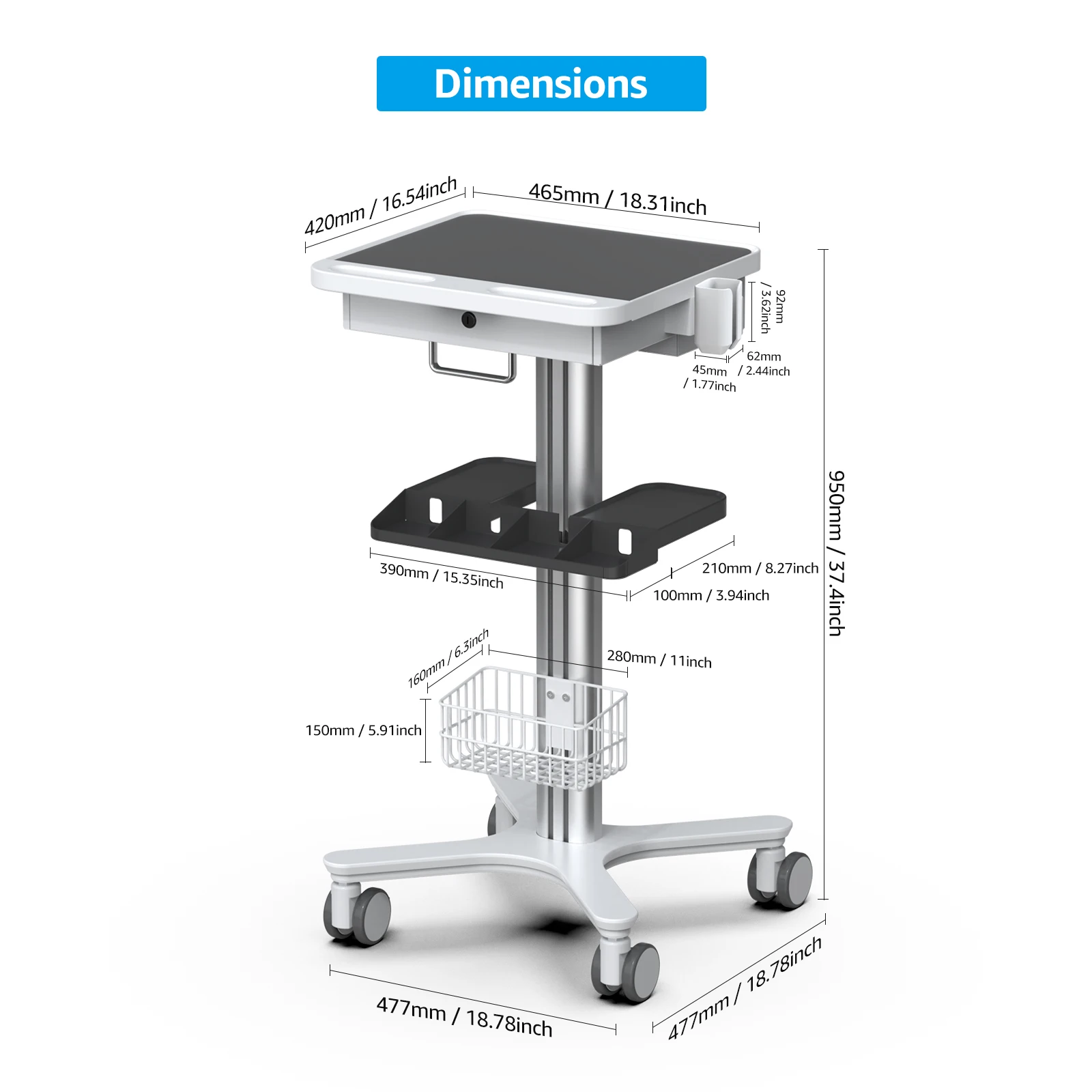 Immagine 3: Carrello Medico con Supporto per Laptop e Organizzatore, Carrello per Clinica Dentistica con Ruote per Ospedale e Salone di Bellezza (RC-1)