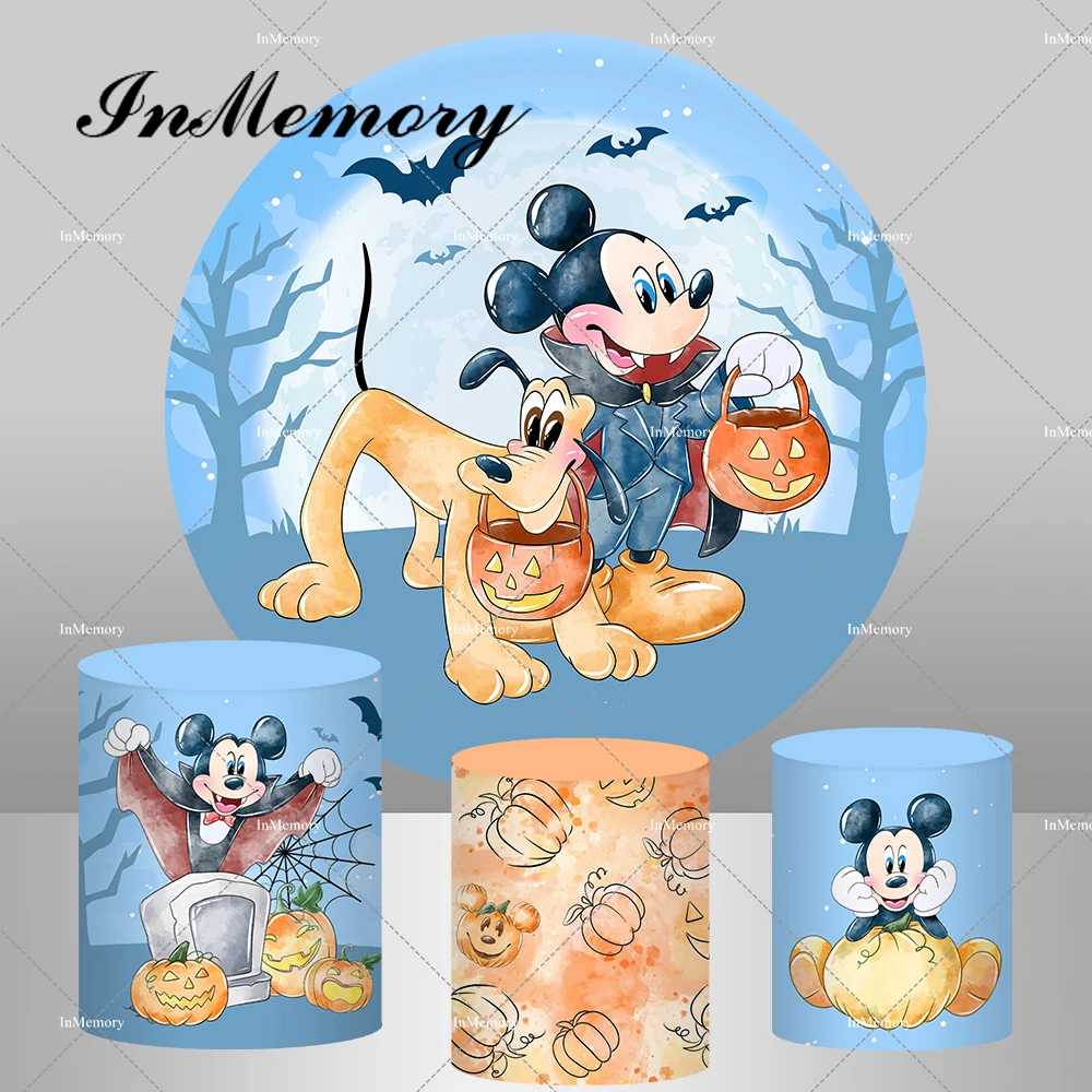 

Halloween Day Round Backdrop Horror Mickey Mouse Theme Boys Birthday Party Decor Nightmare Full Moon Bat Pumpkin Pedestal Covers