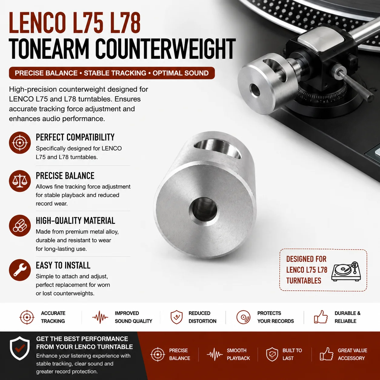 Lenco L75 L78 Tonearm Counterweight Metal Balance Weight Vinyl Turntable Tracking Force Adjustment Parts