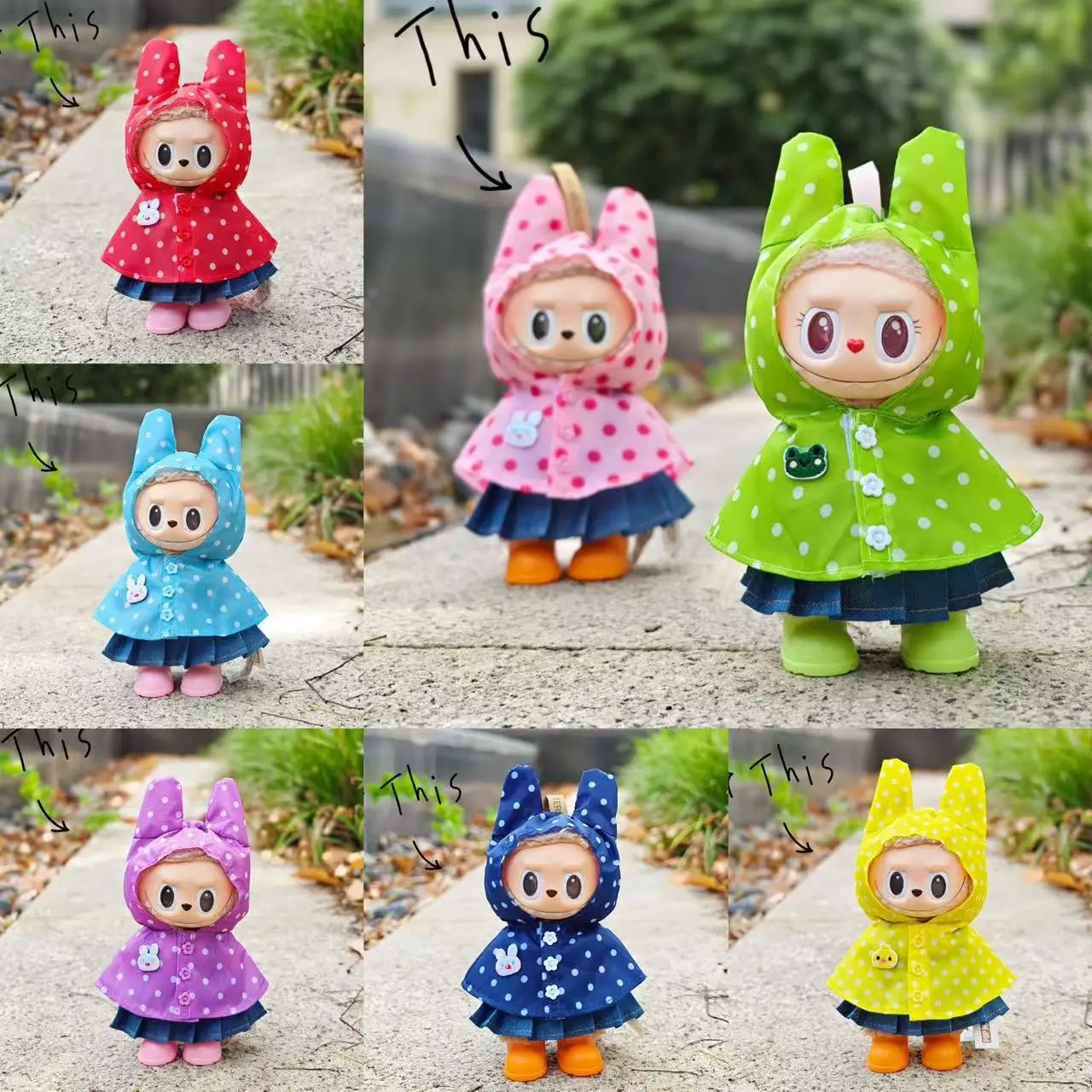 

1PC Doll Clothes For Labubu 17cm Monster Outfit Candy Color Raincoat With Colorful Dots Cute DIY Kids Gift Christmas