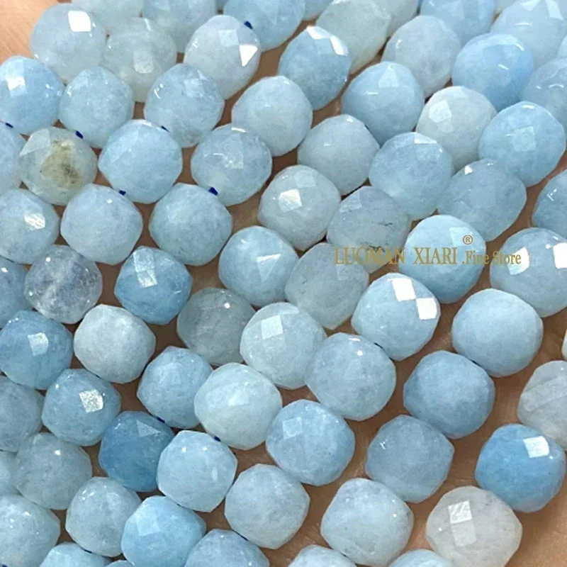 7-8MM kwadratowy akwamaryn chalcedon kamień naturalny luźna kostka koraliki dystansowe do tworzenia biżuterii Diy bransoletka Charms akcesoria