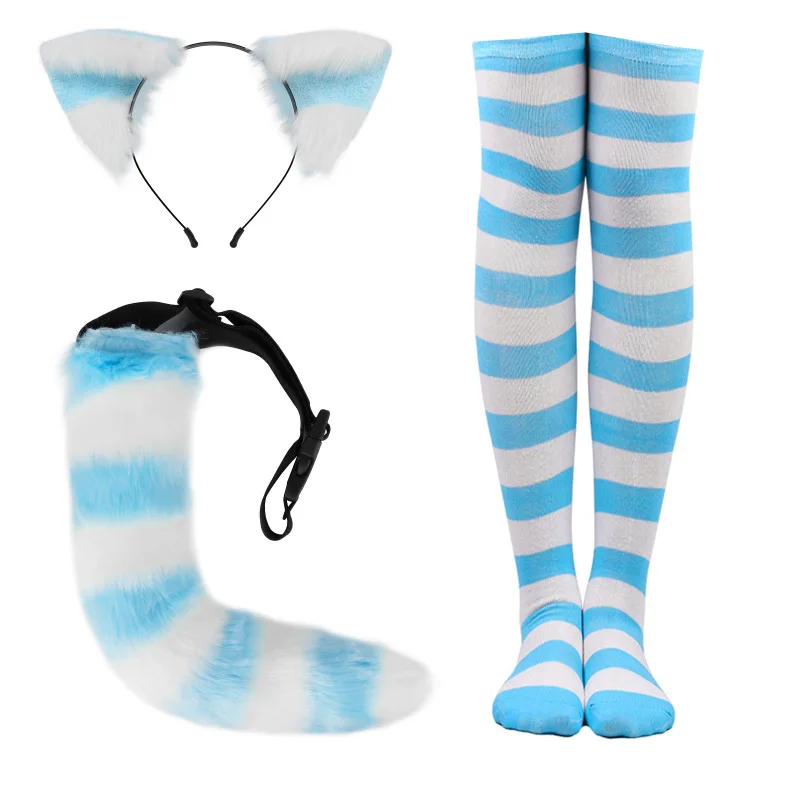 Striped Cat's Ears Steamed Shaped Bread Cattail Stockings Cute Cosplay Socks Halloween Party Props
