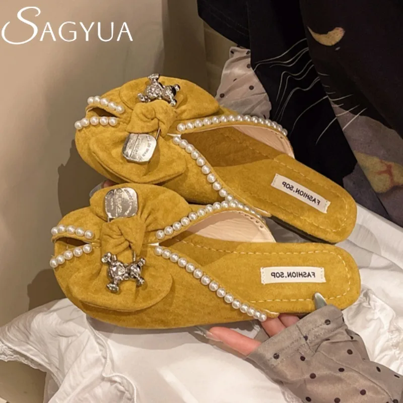 

Bow Women Slippers Bead Flat Sandals Mules Shoes Woman 2025 Trend Summer New Elegant Dress Designer Comfort Shoes Shallow Slides