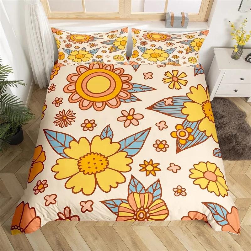 Retro Hippie Flower Duvet Cover Rainbow Floral Bedding Set Polyester Cartoon Ghost Comforter Cover Set 60S 70S Groovy Bedclothes