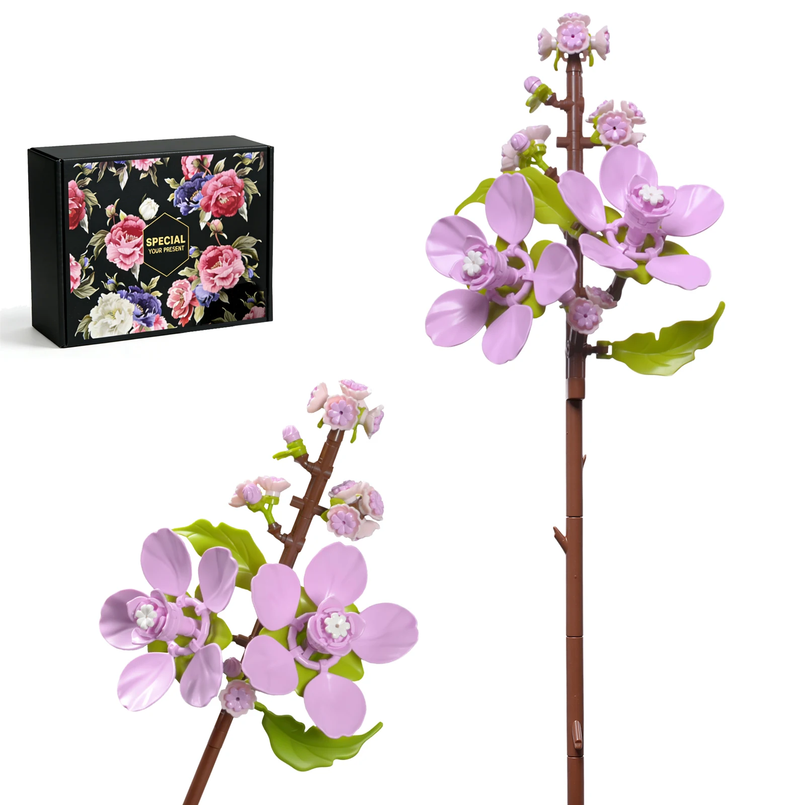 Cherry Blossoms Building Block Bouquet,  Flowers Featuring Gradient Petal Details, Ideal for Tabletop Display and DIY Home Decor