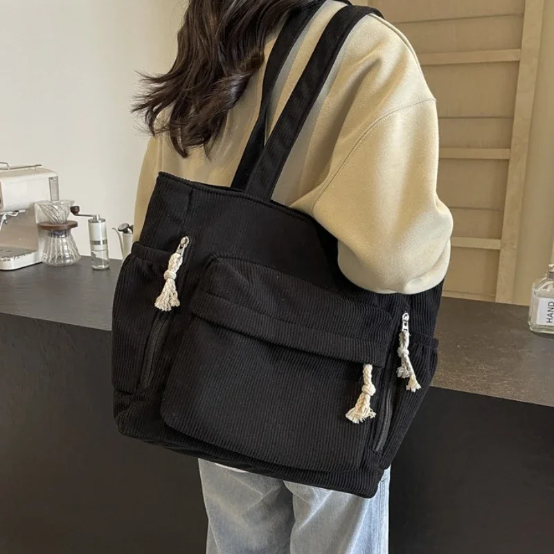 Women Solid Color Daily Commuter Handbag Travel Master Corduroy Shoulder Bag Handbag with Zipper Multiple Pocket Tote Bag