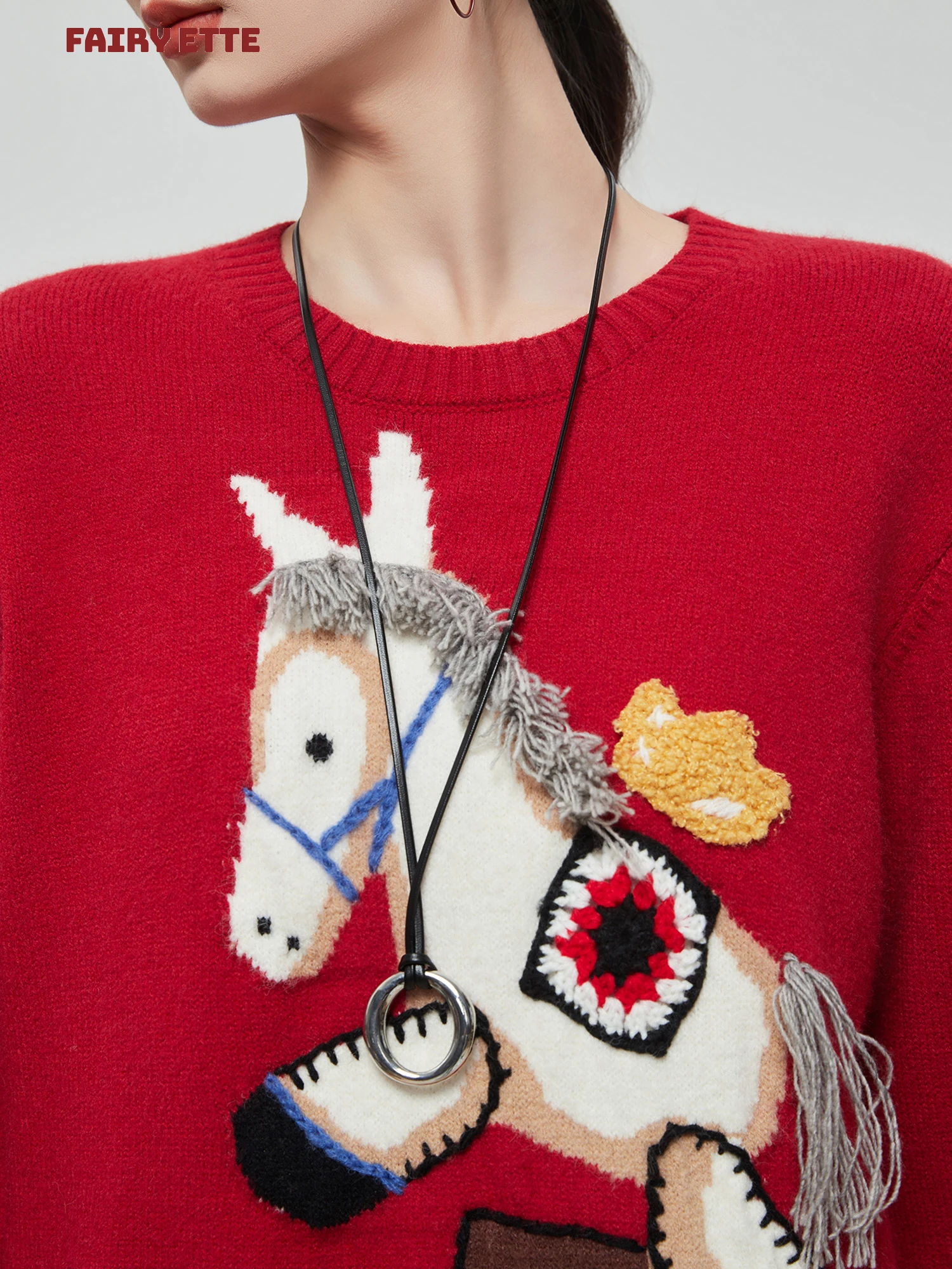 

Ретро-американский красный вязаный свитер с вышивкой, свободный пуловер с круглым вырезом, женский осенне-зимний модный удобный топ