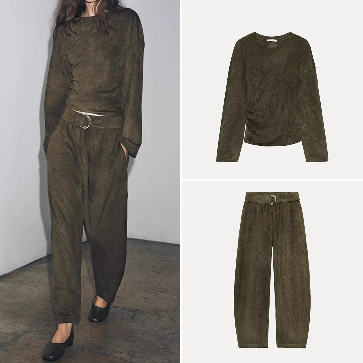 

Женский модный комплект Z, осень 2023, плиссированный топ с эффектом кожи и длинные брюки, длинные круглые брюки Ne Pure Color