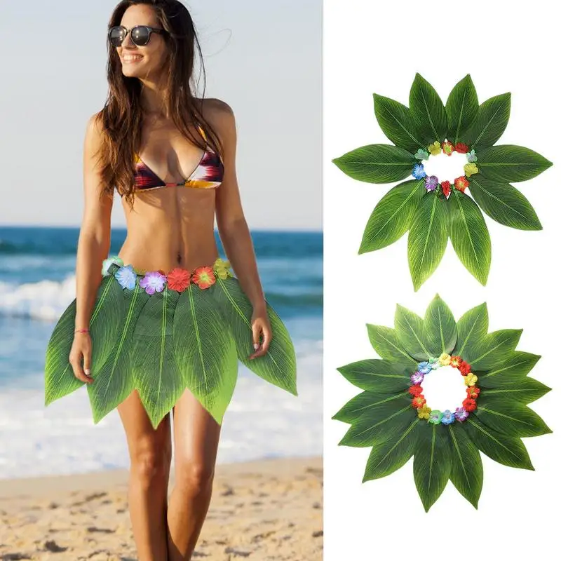 Green Leaf Skirt Hawaiian Green Leaf Grass Skirt Elastic Cloth Kids Skirt Soft Hawaiian Costume for Prom Beach Summer