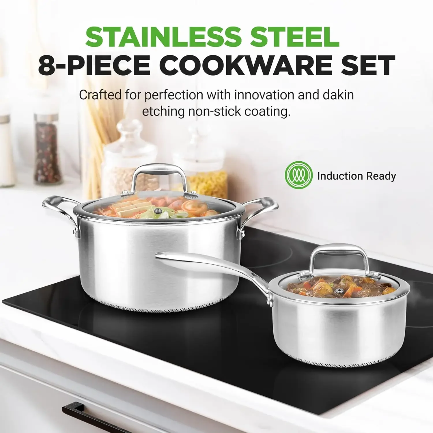 8-Piece Triply Cookware Set Stainless Steel - Triply Kitchenware Pots & Pans Set Kitchen Cookware, Non-Stick Coating -