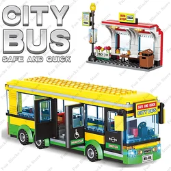 Hot City Car Yellow Passenger School Bus Station Public Vehicle Sets Figures Bricks Model Building Blocks DIY Toys for Boys Gift