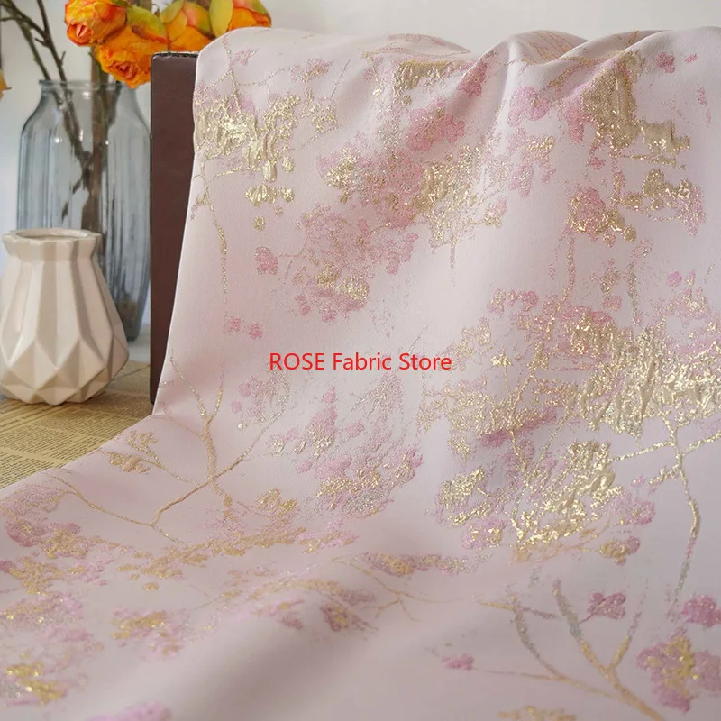 1 Meter Pink Gold Embossed Yarn Dyed Jacquard Fabric Spring Autumn Women's Elegant Dress Coat Bag Decorative Sewing Fabric
