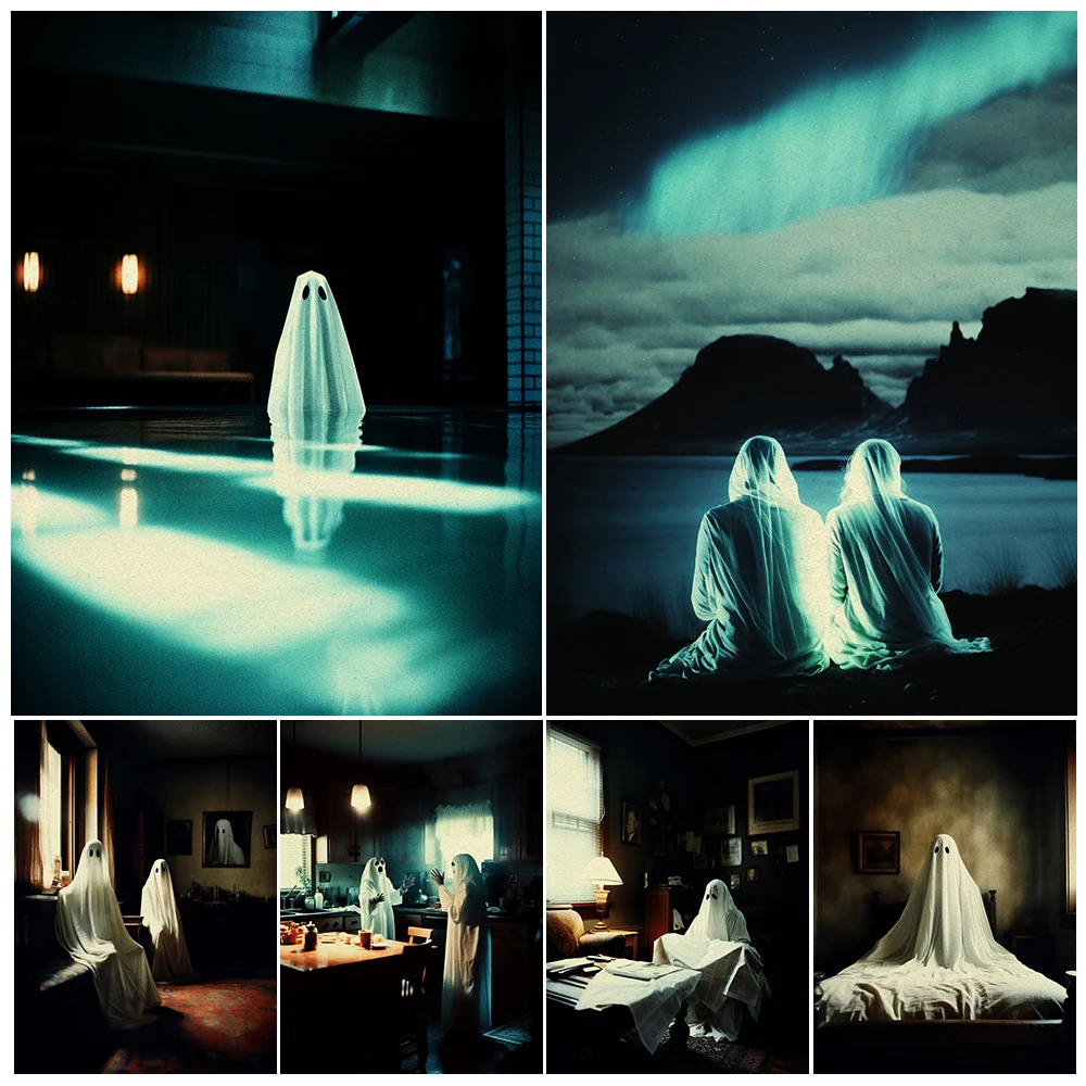 The Ghost Dinner In The Haunted House,Vintage Wall Art Canvas Painting Apparition Couples By The Lake Horror Art Poster Print