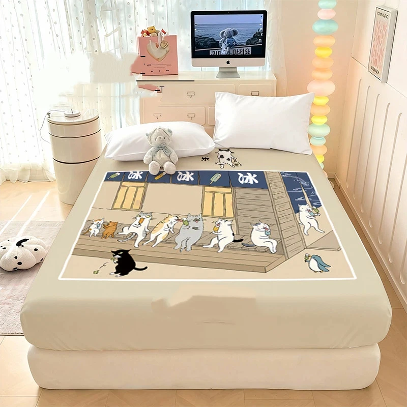 Cartoon Ukiyo-e cat Printed Fitted Sheet,Adult Children Bedroom Bed Cover Set,Japanese style pattern Bedding Set with Pillowcase