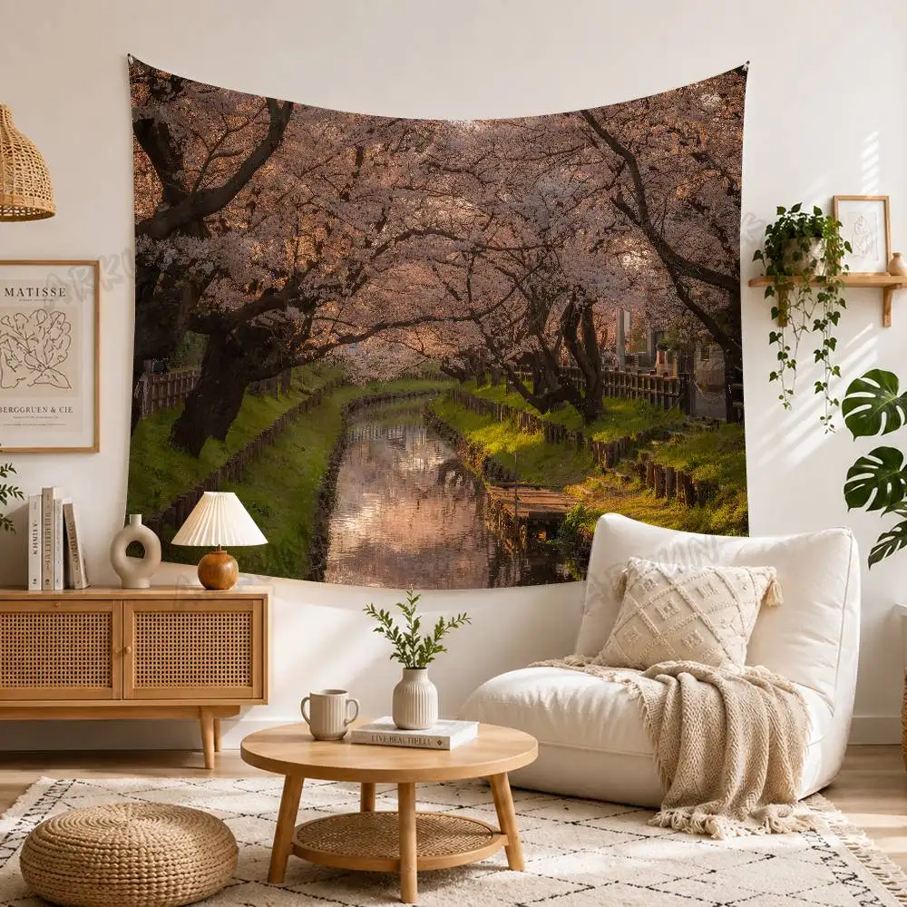 Popular Beautiful Sakura Riverside Wall Hanging Tapestry, Warm Golden Hour Cherry Blossom Tunnel Canal Tranquil Nature Decor
