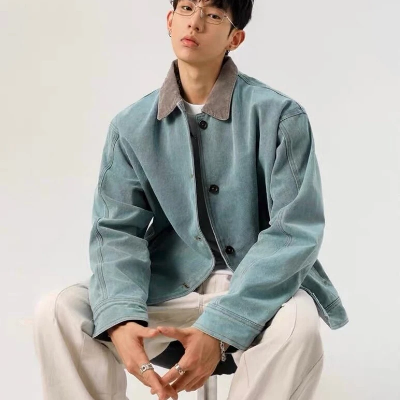 

Latest American Retro Lapel Contrasting Peacock Green Denim Jackets, Casual, Loose, Fashionable, Soft, Versatile Fit Jackets Top