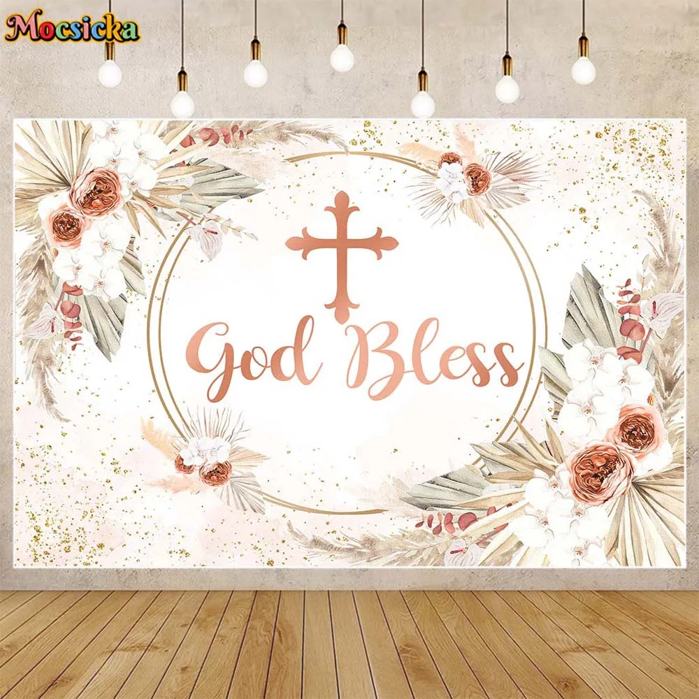 

Mocsicka Bohemian Baptism Backdrop Pampas Grass Boho Flower God Bless Christening Background Girl My First Communion Party Decor