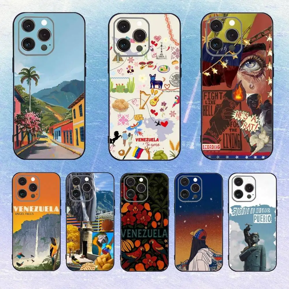حافظة هاتف مطبوعة فنية إلكترونية من فنزويلا لهواتف iPhone 17,16,15,14,13,12,11 Plus، Pro Max، XS، غطاء أسود من السيليكون الناعم #1