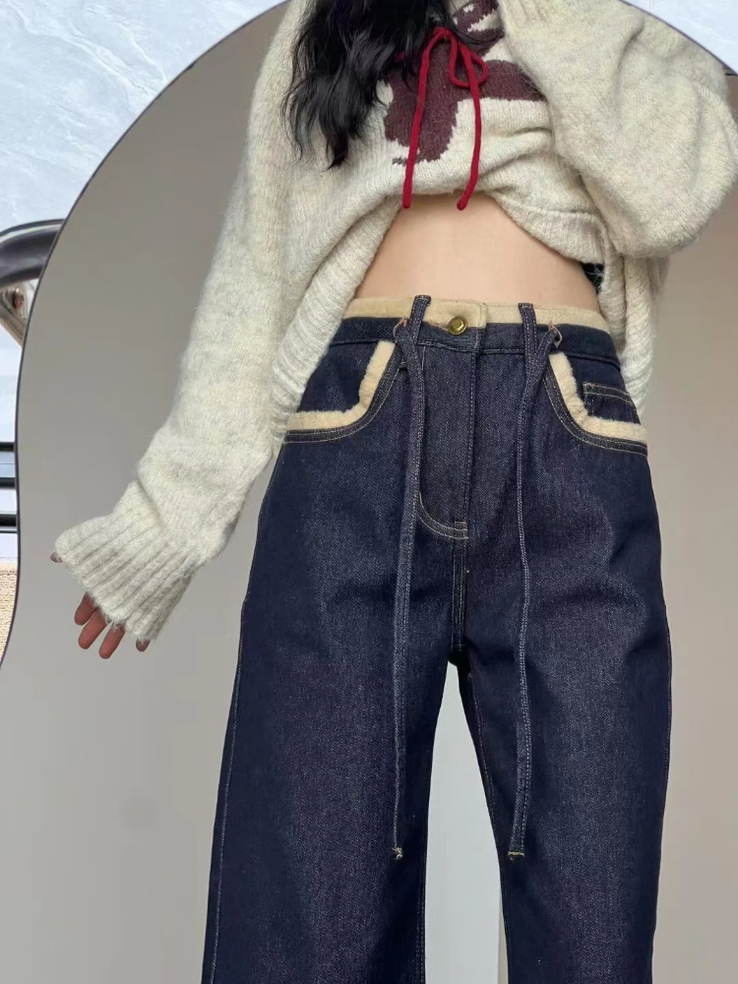 plus Size American Sle Fce Lined Thi Straight Leg Jeans Women Winter Warm Wide Leg High Waist Denim Pants Bootcut Trou...