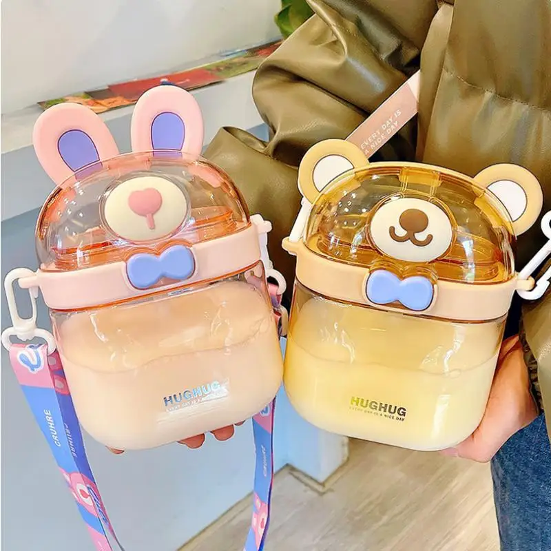 Cartoon Travel Straw Mug Summer Cute Bear Plastic Cup Kawaii Kid Tumbler Portable Sport Drink Kettle 850ml Water Bottle For Girl