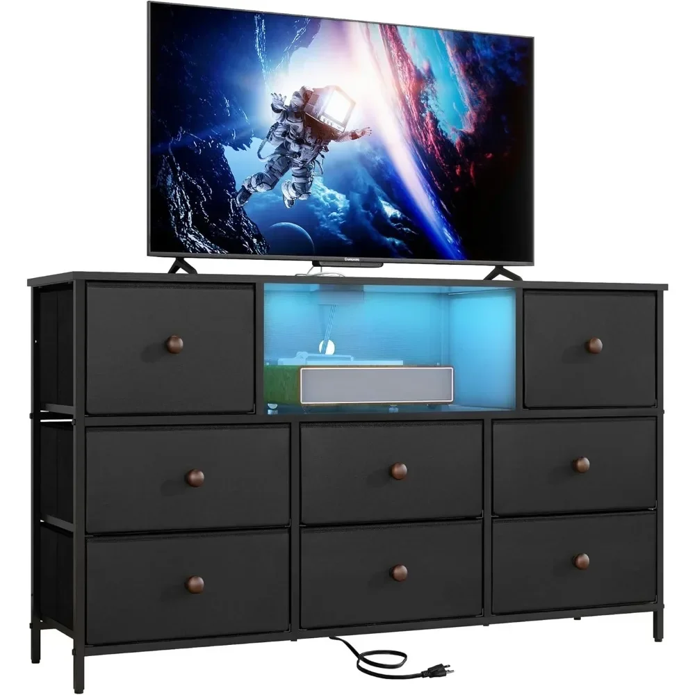 

Black Dresser with Power Outlets and LED Lights, Dresser TV Stand with 8 Drawers, Fabric Chest of Drawers for Bedroom,Living