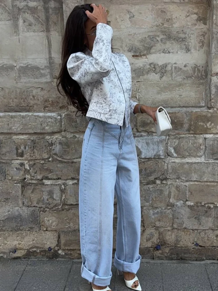 Women All Over Floral Cropped Jacket Minimal Stand Collar Front Zip Square Shoulder Slim Waist Coat Fall Trendy Casual Outerwear