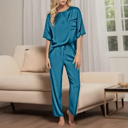 Women Solid Satin 2 Piece Sets Short Sleeve T-Shirt Tops+Straight Pant Sets Soft PJ Loungewear Suit Female Loose Casual Suits