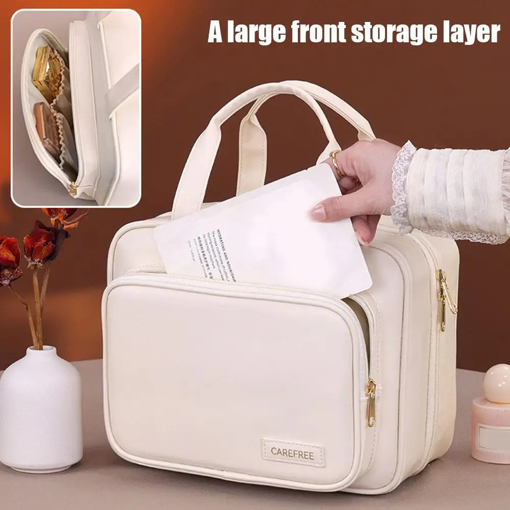 Travel Toiletry Storage Bag Portable Toiletry Bag Makeup Bag Hanging Cosmetic Pouch Multi-layer Large Capacity PU Organizer
