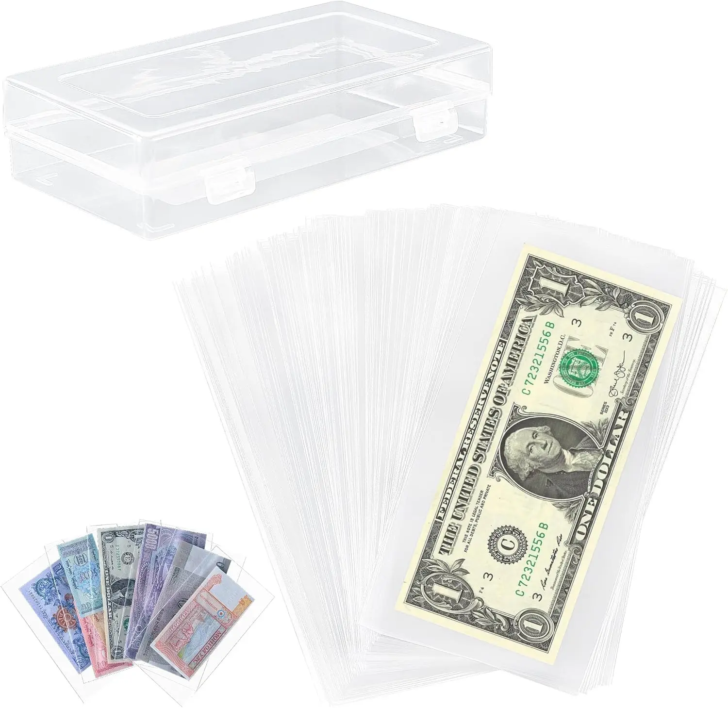 

200 Clear Dollar Bill Holders with Storage Box, 6.5x3.5 Inch Currency Sleeves for Collectors