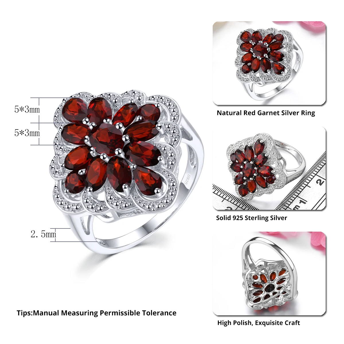 Natural Genuine Red Garnet Solid Silver Rings 3 Carats Romantic Gemstone Fine Jewelry S925 Women Favorite Anniversary Gifts