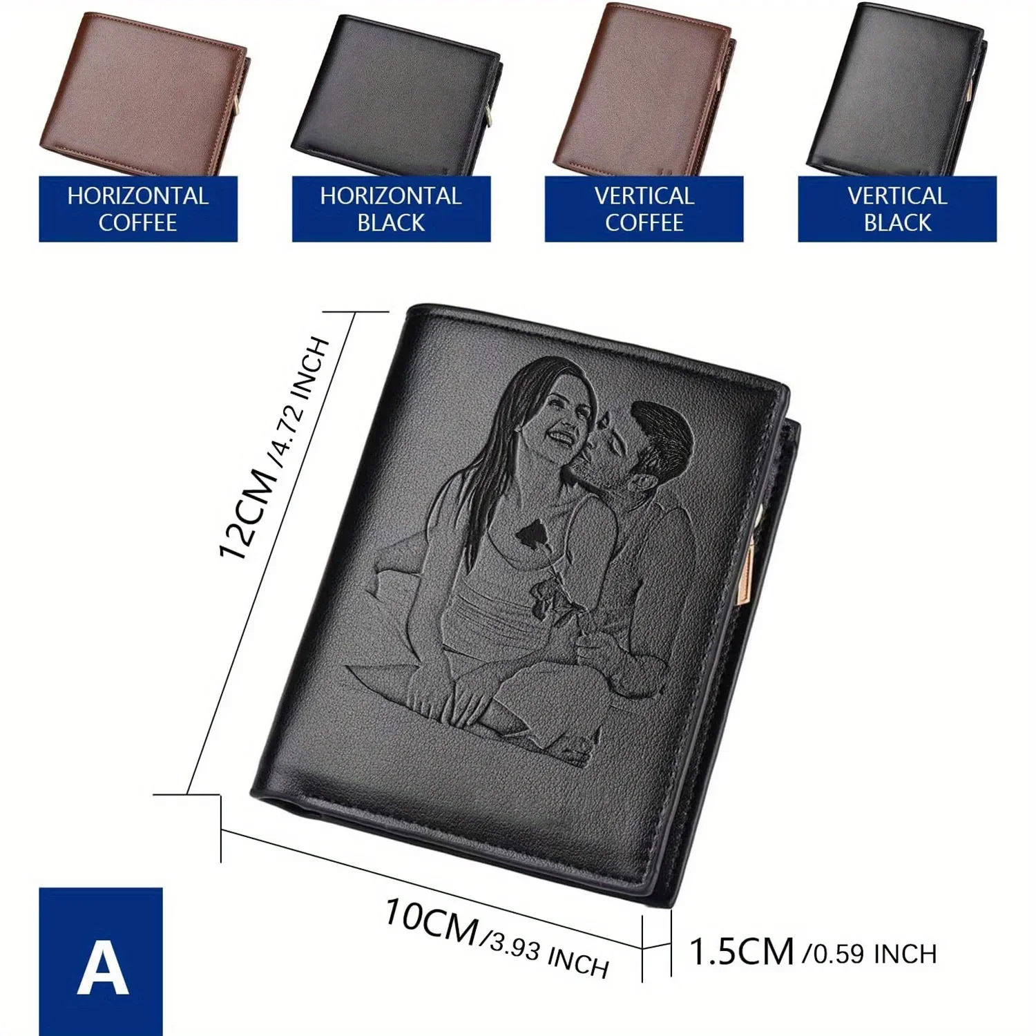 Portefeuille photo pour hommes gravé sur mesure |   Personnalisé avec nom et image |   Cadeau d'anniversaire et d'anniversaire idéal pour mari, papa, fils