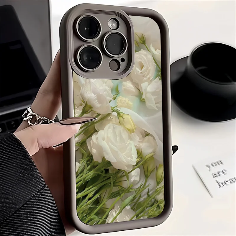 White Rose Flower Silicone Phone Case For iPhone 11 Cases iPhone 12 13 14 15 Pro Max XS X XR 7 8 Plus SE 2020 Shockproof Soft Co