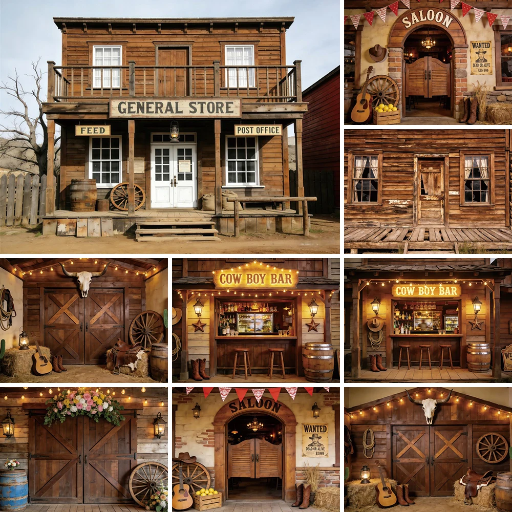 

Западный ковбойский тематический фон для фотосъемки, общий магазин, винтажная дверь, деревянная бочка, детский фон для дня рождения, фотосессии в студии