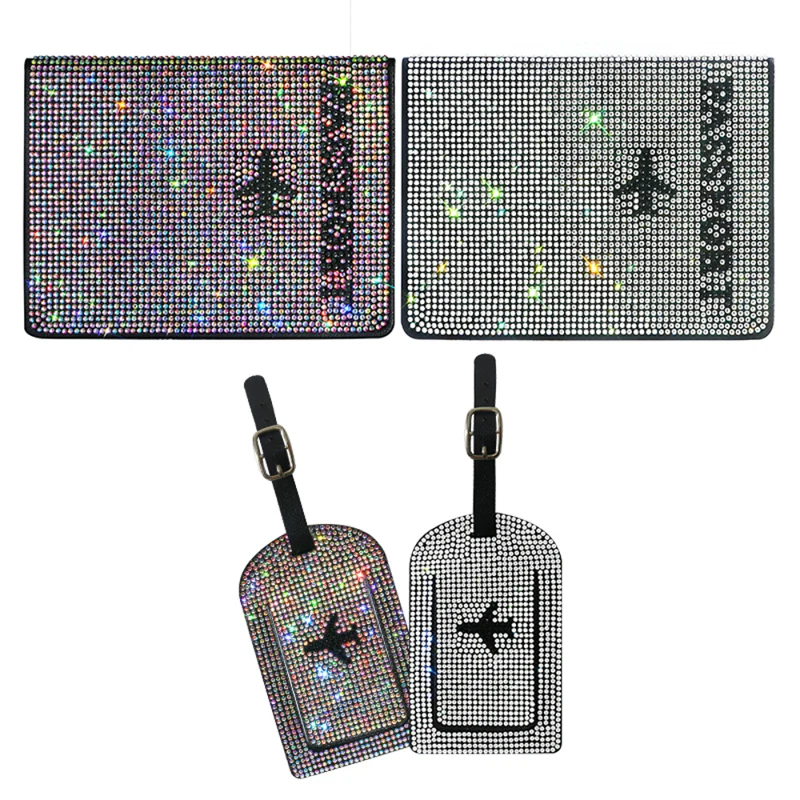 Bling Car Passport Cover Case and Luggage Tag Crystal Diamond Auto Card and Passport Holder Luggage Car Accessories for Women