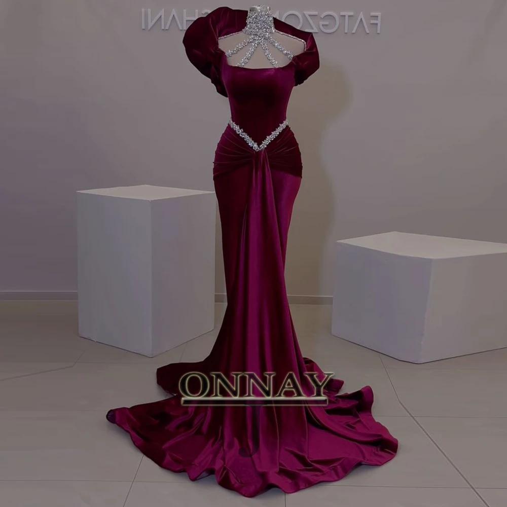 

Customized Trendy Rhinestones Prom Dresses High Neck Pleating Trumpet Dubai for Women Kuwai Gala Bespoke Vestidos De Fiesta