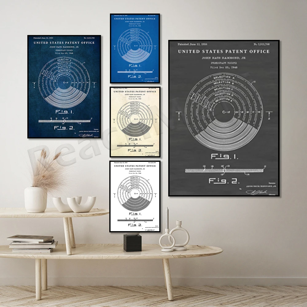 Gramophone record 1950 patent poster. DJ's gift for music lovers. Lounge retro enthusiast decor. Vinyl Blueprint Wall Art
