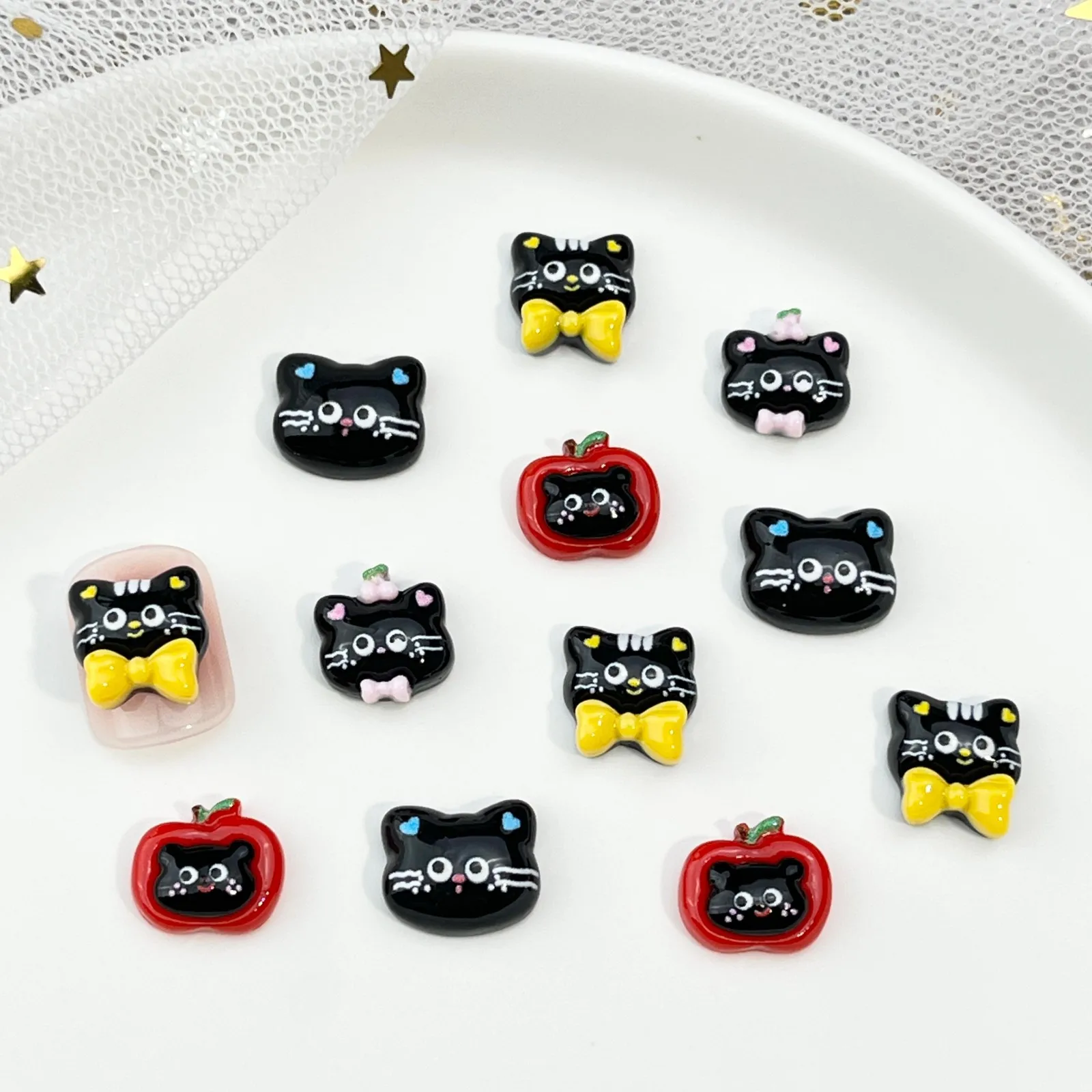 

50Pcs New Cat Nail Charms - 3D Black & Red Apple Kitty Resin Rhinestones, Cute Cartoon Nail Art Accessories for DIY Manicures
