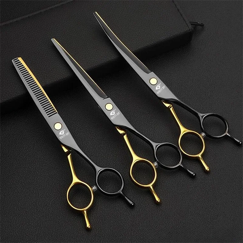 Golden Black Quality 4CR Steel 7 Inch Canine Dog Hairdressing Blade Kit Professional Fenice Grooming Scissors Blender Left Hand