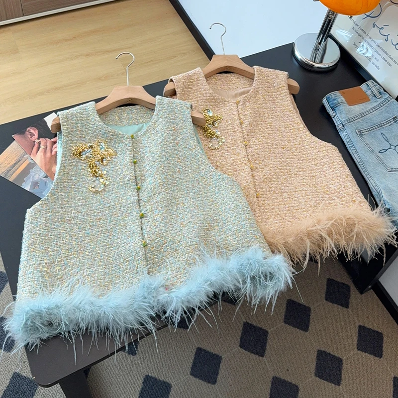 Handmade Beaded Vest Women's High-End Chinese Style Autumn 2026 Fashion Tweed Outerwear Cotton Polyester Blend Traditional Na...