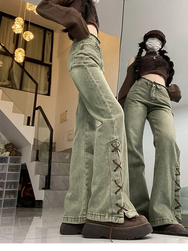 Harajuku Streetwear Y2K Retro Mode Vrouwen Hoge Taille Jeans Groen Ontwerp Wijde Pijpen Rechte Losse Denim Broek Y2K Baggy Broek