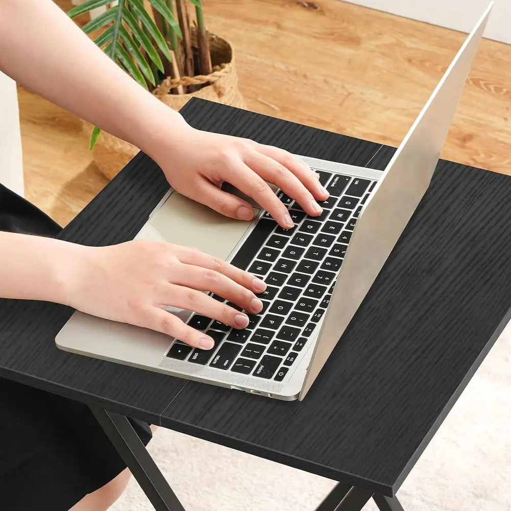 Set 2 Meja TV Lipat Kayu, Meja Camilan Portabel untuk Sofa, Meja Industri Ringkas, Perakitan Mudah, Hemat Ruang, Hitam